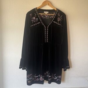 Style &co Black Velvet Embroidery V-Neck Boho Whimsigoth tunic top Babydoll XL